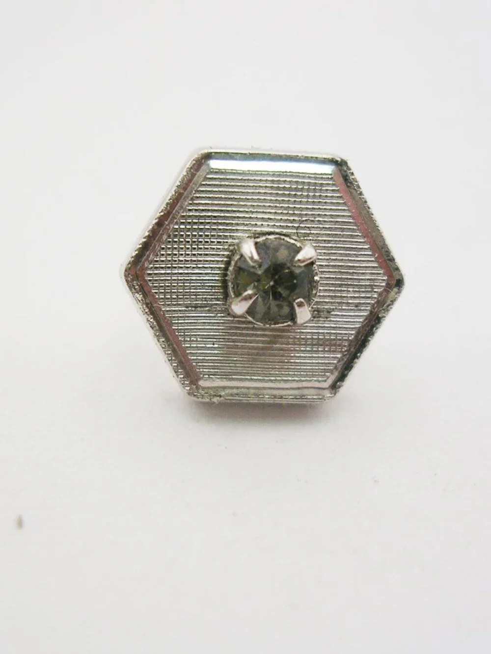 Vintage Tie Tack Pin with Chain silver tone Hexagon gray Rhinestone Formal Wear
